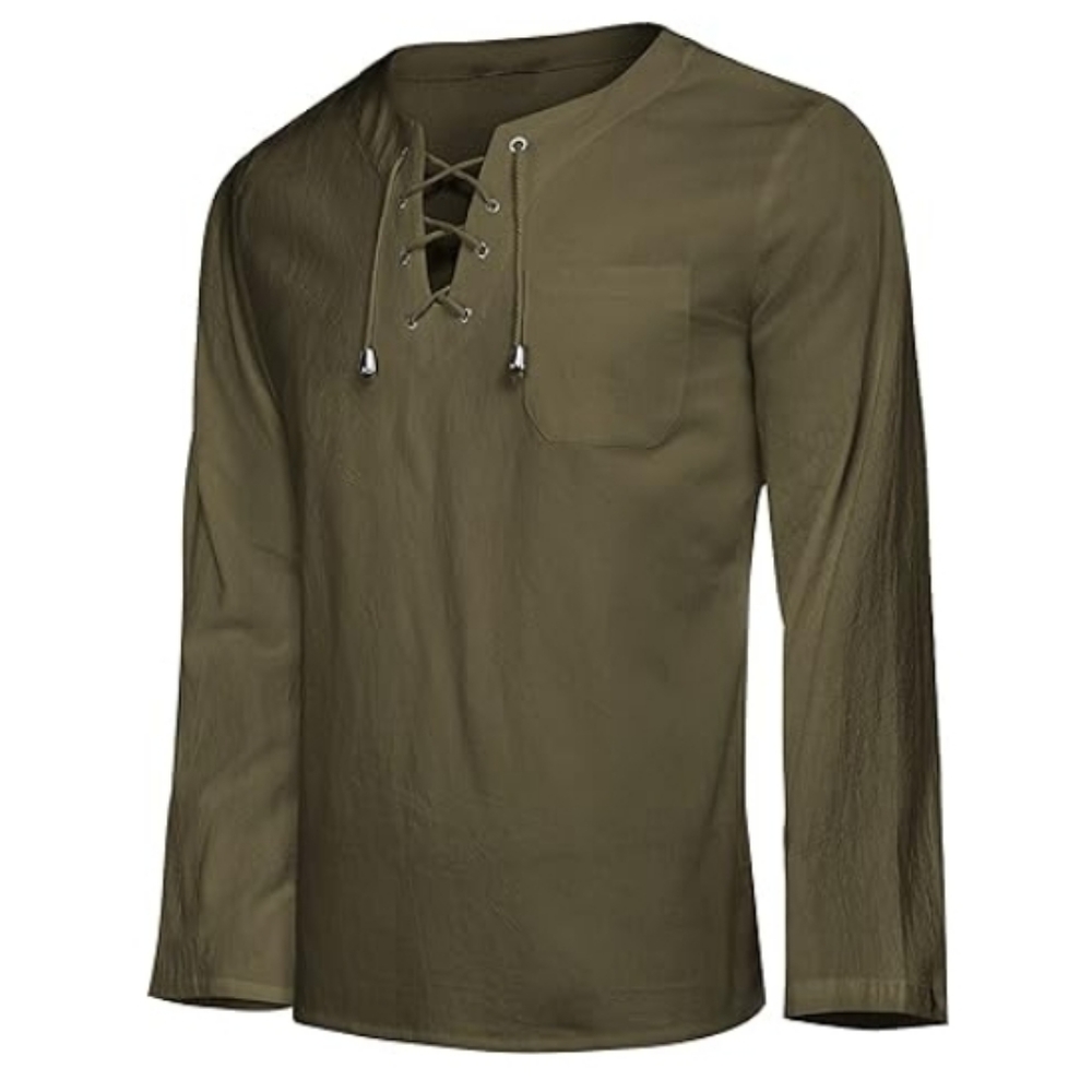 Mens Linen Beach T Shirt Cotton V Neck Yoga Long Sleeve Tunic Olive